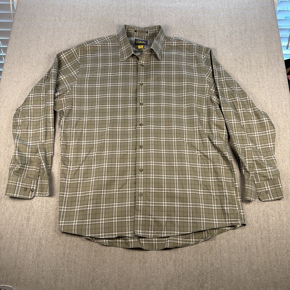 Cabela's Shirt 3XLT Men's Olive Plaid Button-Down Wrinkle Free Hiking‎ Outdoors